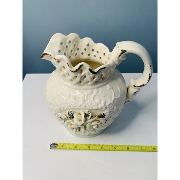 Vintage Porcelain Pitcher 3D Roses Lattice Neck 7.5" Cream Home Decor Rose Vase - Picture 9 of 12
